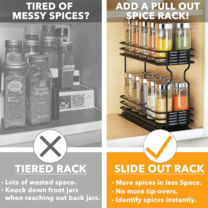 Slide Spice Rack Organizer — 2- or 4-Tier Pull-Out Metal Spice Drawer for Kitchen & Dining