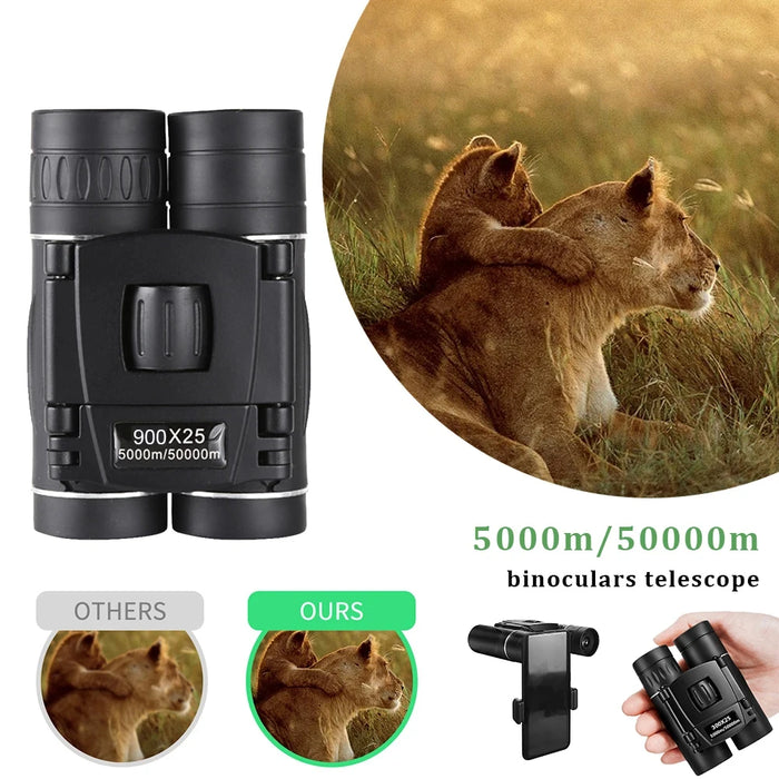 900x25 HD Zoom Portable Binoculars - 25mm BAK4 Prism, Folding Low-Light