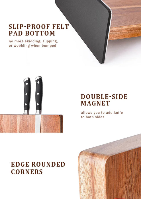 Acacia Wood Magnetic Knife Block with Stainless Steel Base