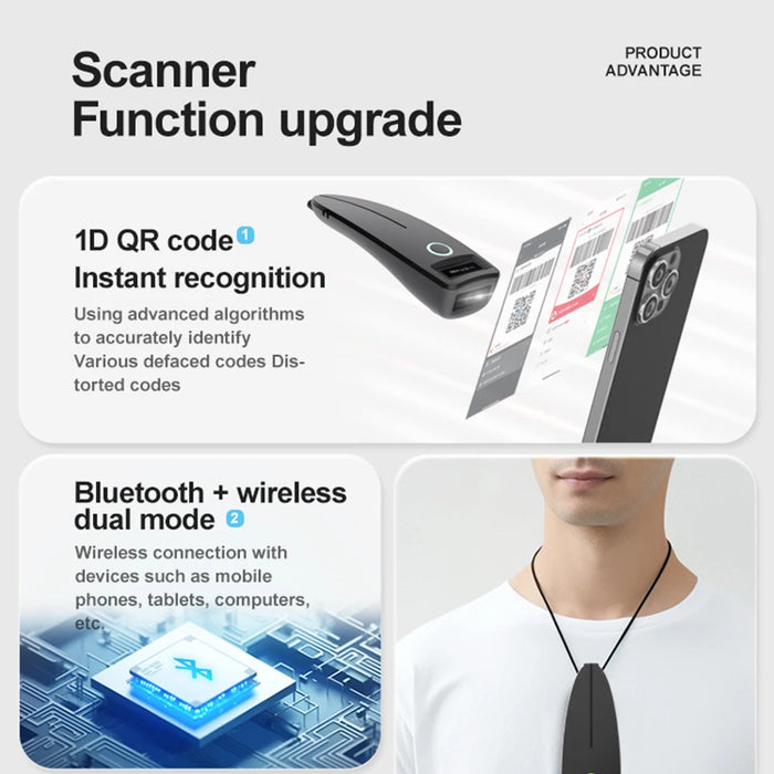 TD-W7 Mini 2D Barcode Scanner — 2.4G Wireless & Bluetooth, Portable 1D/2D QR Reader with Storage
