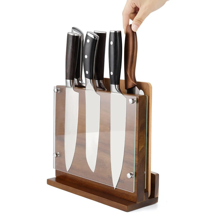 Double‑Sided Magnetic Knife Block with Acrylic Shield — Acacia Wood