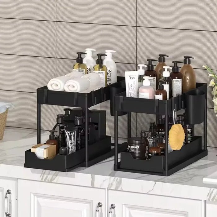 2-Tier Sliding Under-Sink Organiser – Cabinet Basket with Hooks & Hanging Cup