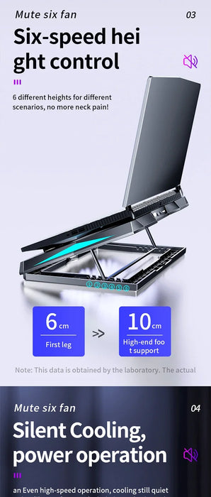 Q3 Six-Fan Adjustable Laptop Cooler — Silent Air-Cooled Stand for 10–17-inch Laptops