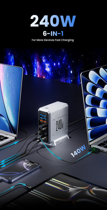 240W GaN Desktop Charger — 6‑Port (4×USB‑C, 2×USB‑A), 140W PD3.1 & PPS