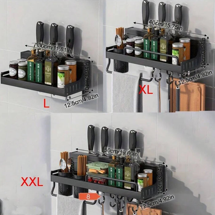 40cm Wall-Mounted Hanging Spice & Pot Rack — Black Metal Kitchen Shelf with Hooks