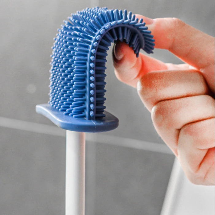 Wall-mounted Silicone Toilet Brush & Holder — Long Non-slip Handle, Ventilated Case, No-drill Fit