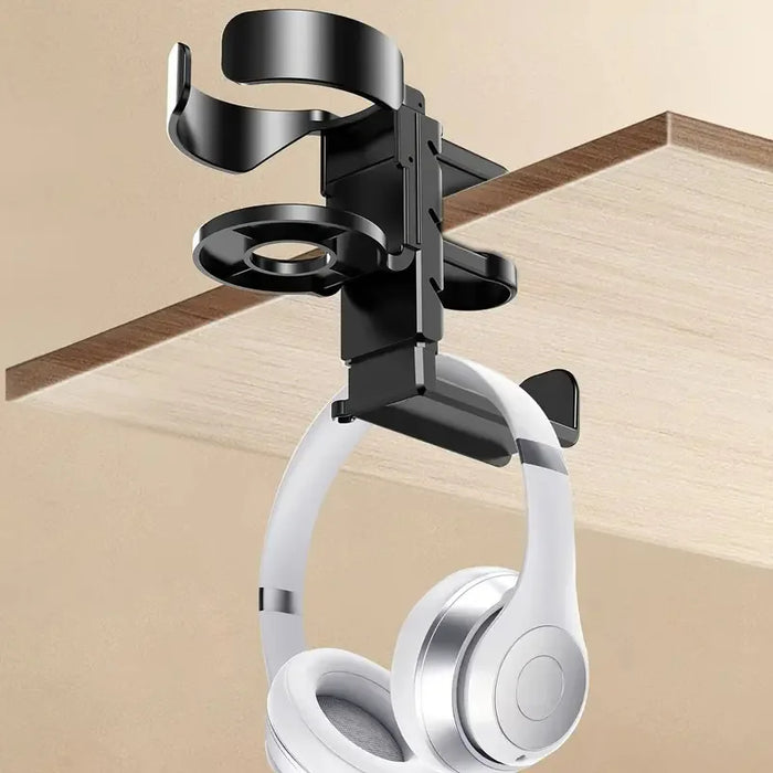 2-in-1 No‑Drill Desktop Cup Holder & Headphone Hook for Computer Desk