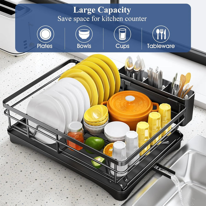 Large Rustproof Iron Dish Drying Rack with Drainboard and 3‑Slot Utensil Holder