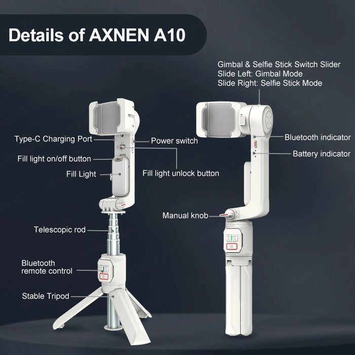 A10 Handheld Smartphone Gimbal with Fill Light, Extension Rod & Remote — for iPhone & Samsung