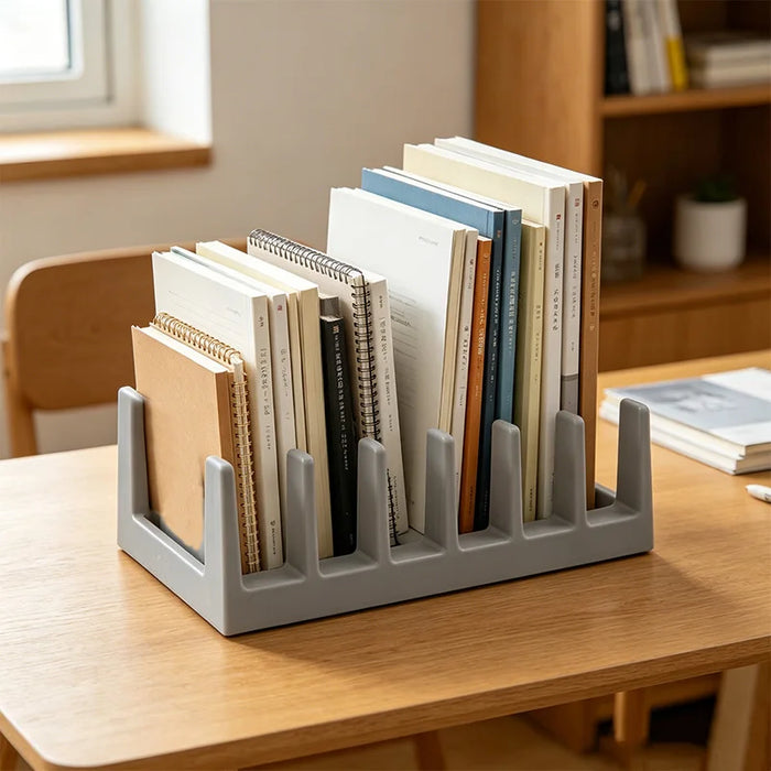 6-Compartment Pot Lid Organiser – Space-Saving Plastic Kitchen Rack (Grey/Black)