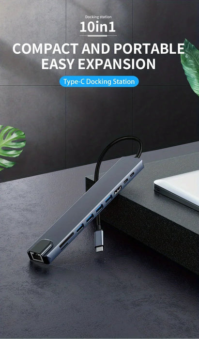 10-in-1 USB-C Hub – 4K@30Hz HDMI-Compatible Docking Station with PD 100W, RJ45 & USB 3.0