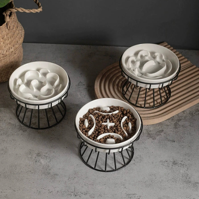 Elevated Ceramic Slow Feeder Bowl — Anti‑Choking Maze with Iron Stand