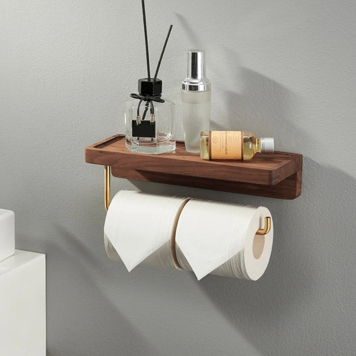 Wall-Mounted Toilet Roll Holder with Wood Shelf and Brass Fittings – Single Roll