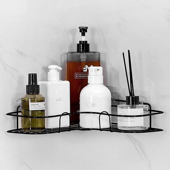 No‑Drill Black Metal Corner Bathroom Shelf — Wall‑Mounted Toilet Storage Rack