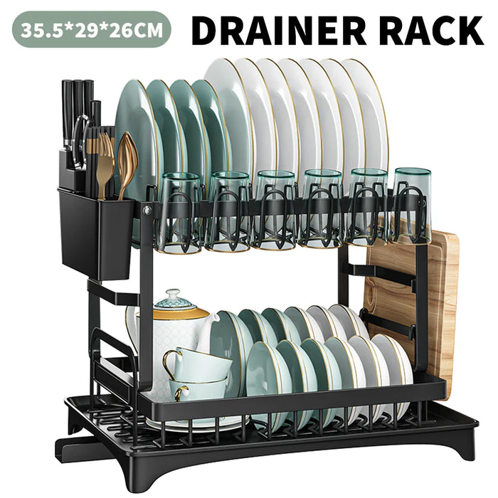 Adjustable 2-Tier Dish Drainer Rack — Plate, Bowl & Cutlery Organiser
