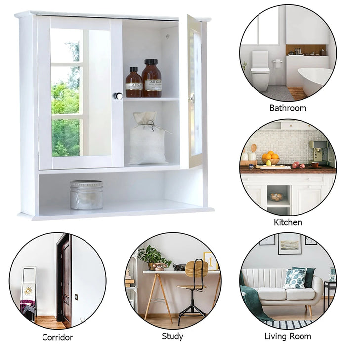 Double‑Door Wall‑Mounted Mirror Cabinet with Open Shelves, 56 x 13 x 58cm, White