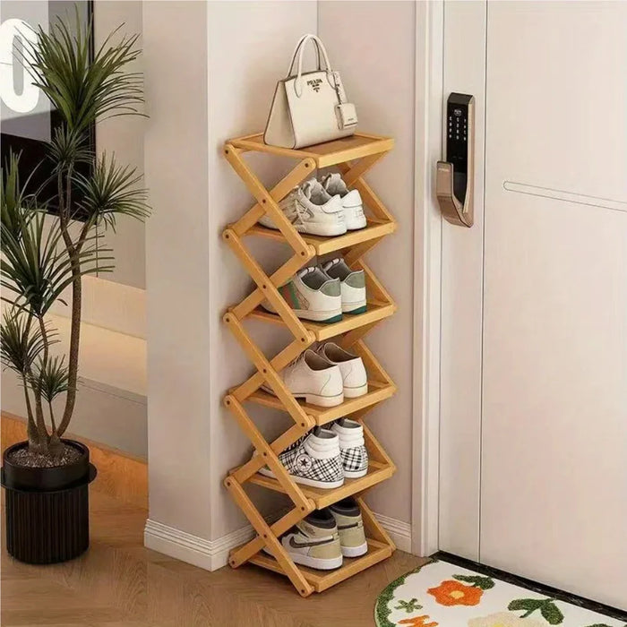 Bamboo Foldable Shoe Rack — Narrow Freestanding Shelf, 4/5/6-Tier for Hallway & Bedroom