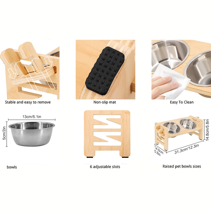 Adjustable Wooden Raised Pet Bowl Stand with 2 Stainless Steel Bowls for Small Dogs & Cats
