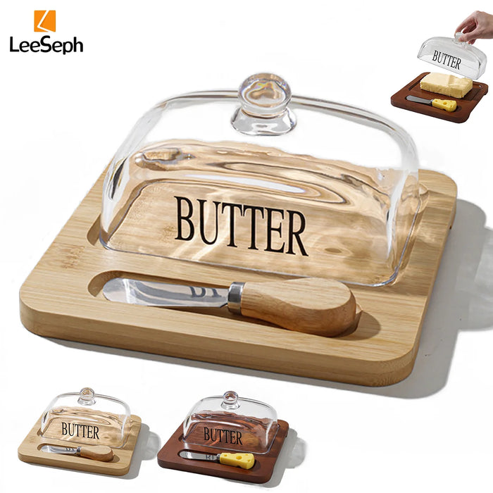 Bamboo Butter Dish with Glass Lid & Cutter — Reusable Butter Storage Case