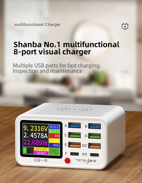 8-Port Wireless Fast Charging Station — 15W Wireless, 65W Total, PD & QC