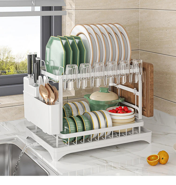 2-Tier Metal Dish Drainer with Draining Spout, Cutlery & Cup Holders