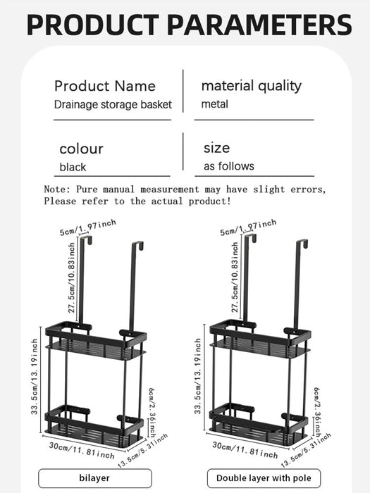 QH Dual-Tier Shower Caddy — Metal & Plastic Bathroom Shelf (Wall or Over-Door)