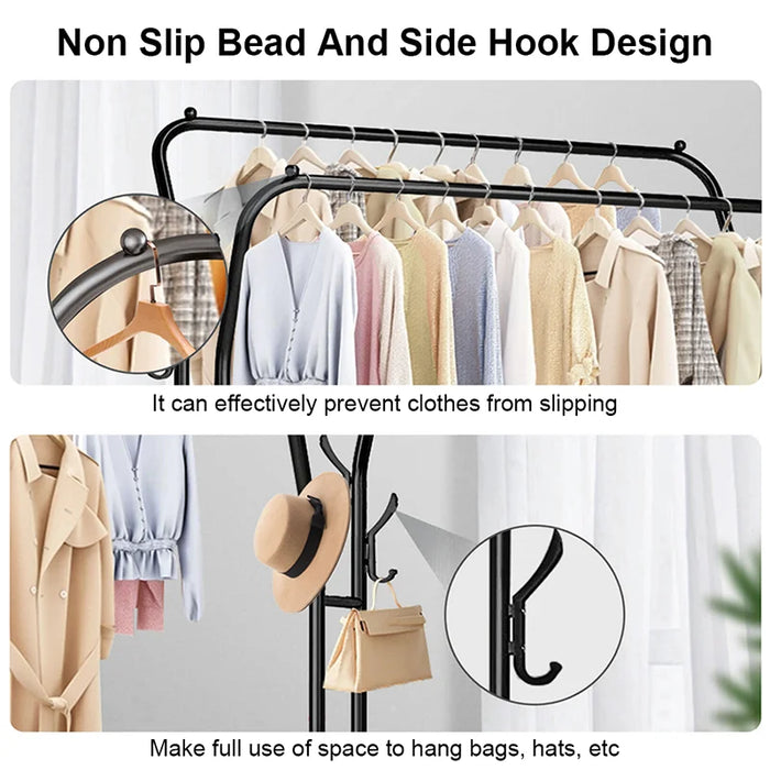 Double-Rail Standing Clothes Rack with Shoe Shelf – Metal Rail for Bedroom & Living Room