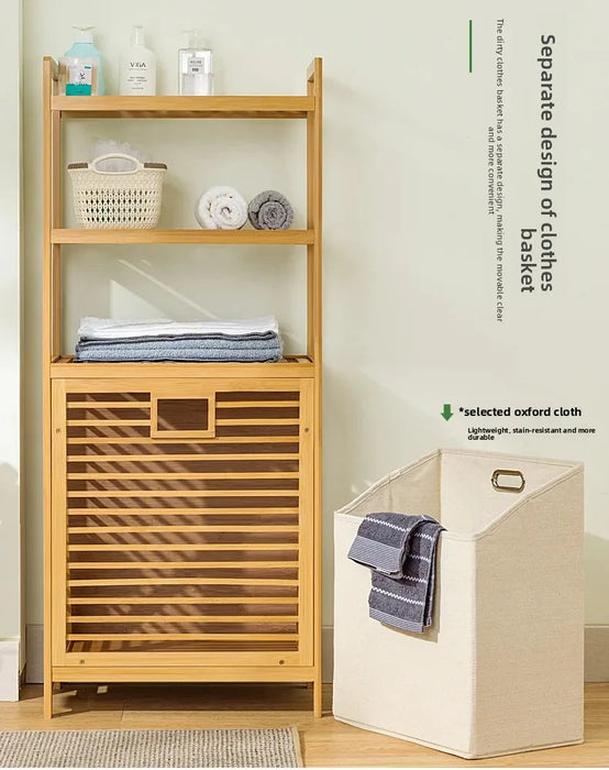 Adjustable Bamboo Laundry Hamper & Bathroom Rack with Pull-Out Shelves