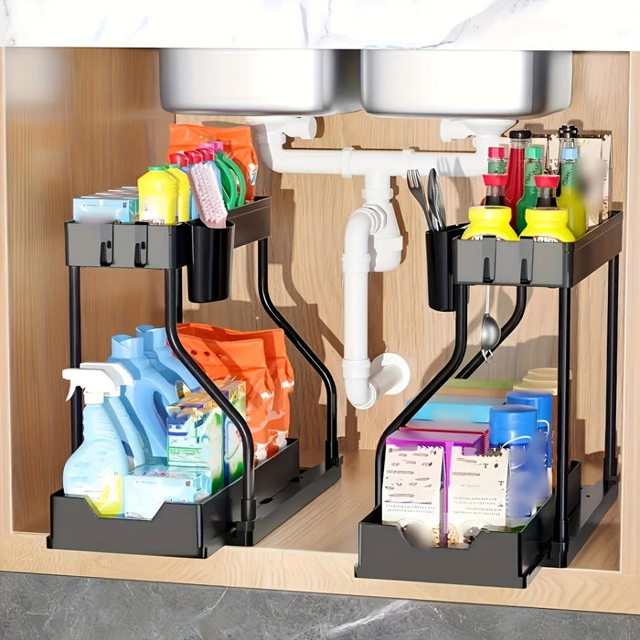 2-Tier Pull-Out Drawer Organiser — Foldable Plastic Storage for Kitchen & Bathroom
