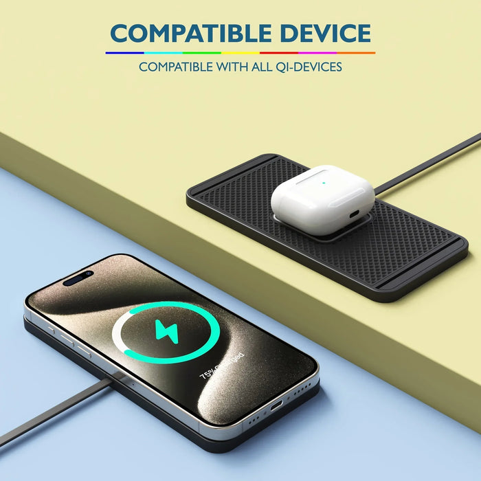 15W Qi Wireless Car Charger Pad with USB — QC3.0 Input, Compatible with iPhone 11–16 & Qi Devices