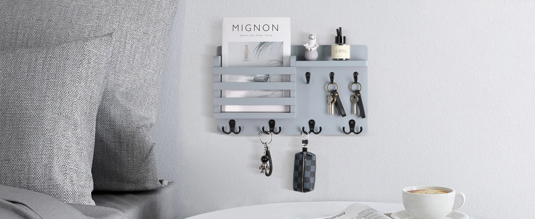 Rustic Wall-Mounted Mail Organiser with Key Hooks & Floating Shelf