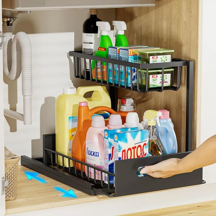Metal Pull-Out Under-Sink Organiser with Sliding Shelf — Kitchen Storage (White/Black)