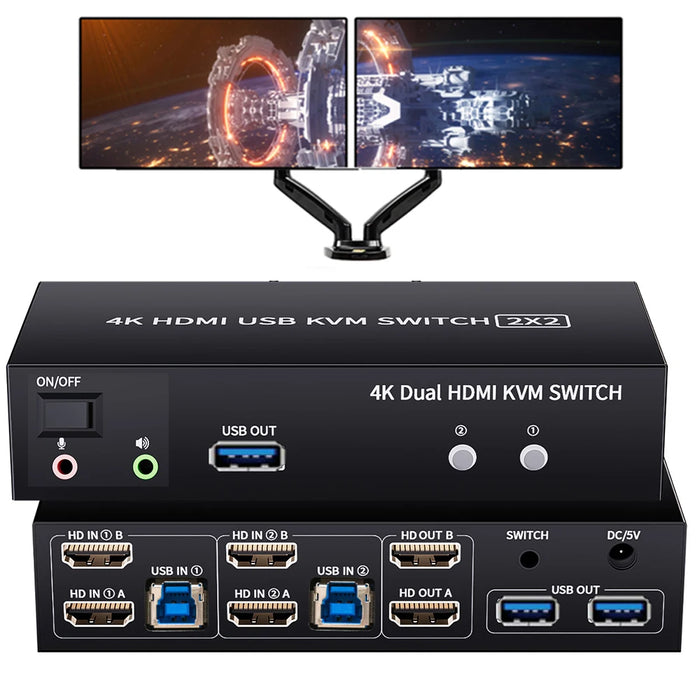 Dual‑Monitor HDMI KVM Switch 2x2 USB 3.0/2.0 4K 60Hz — 2 PCs, 2 Monitors