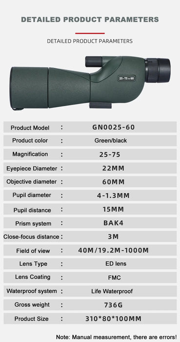 25–75x60 ED Zoom Monocular Telescope — BAK4 Prism, Waterproof & Fogproof