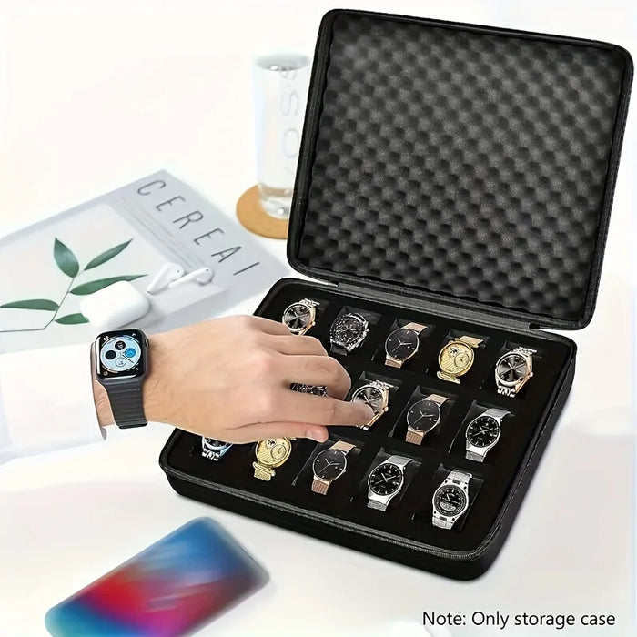 15-Slot Velvet Watch & Jewellery Storage Box, Portable Black (Size L)