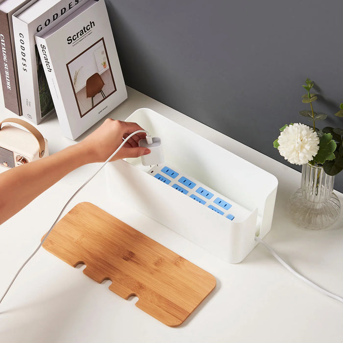 Large Cable Management Box – Wooden‑Style Cord Organizer for Power Strips, TV, Computer & USB Hub