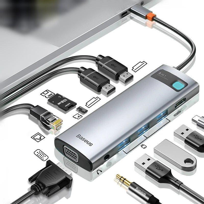 Baseus 11-in-1 MST USB Type-C Hub Docking Station - Dual 4K HDMI, 1080P VGA, 100W USB-C PD, 1000M RJ45, 3 x USB 3.0, 3.5mm Audio, Memory Card Readers - Perfect for Multi-Display and Power Users - Shopsta EU
