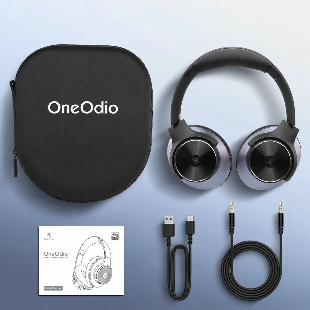 Original included accessories: headphones, OneOdio EVA carry case, USB-C cable, 3.5mm cable and user guide