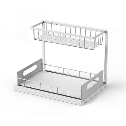 Under-Sink Pull-Out Organiser — 2-Tier Slide-Out Metal Shelf (White or Black)