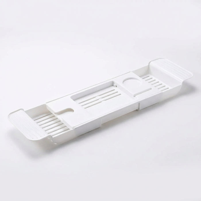 Expandable Drain Bath Shelf Caddy Tray — Plastic Bathtub Organiser (White/Black)