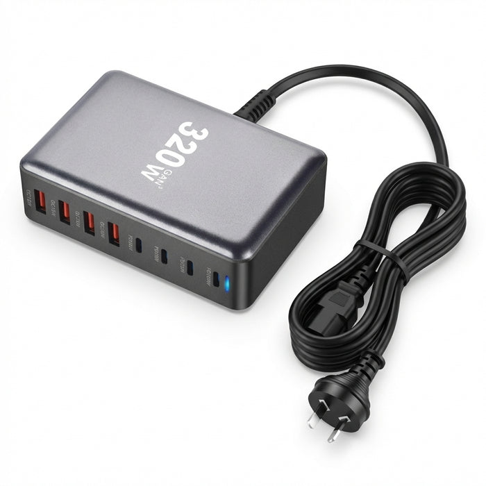 320W GaN Desktop Charger — 8‑Port USB‑C & USB‑A PD Station (Model 4C4A)