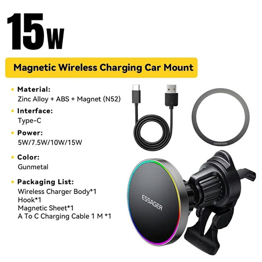 15W Magnetic Wireless Car Charger & Holder for iPhone 12–16 (MagSafe) with RGB