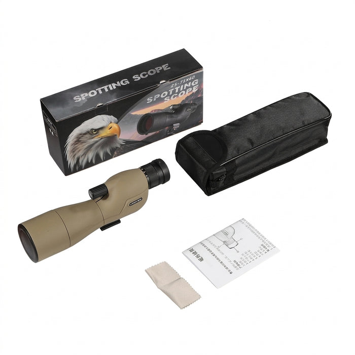 25–75x60 Spotting Scope — FMC BAK4 Optics, IPX6 Waterproof, Tripod & Phone Adapter