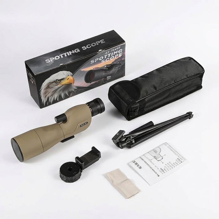 25–75x60 Spotting Scope — FMC BAK4 Optics, IPX6 Waterproof, Tripod & Phone Adapter