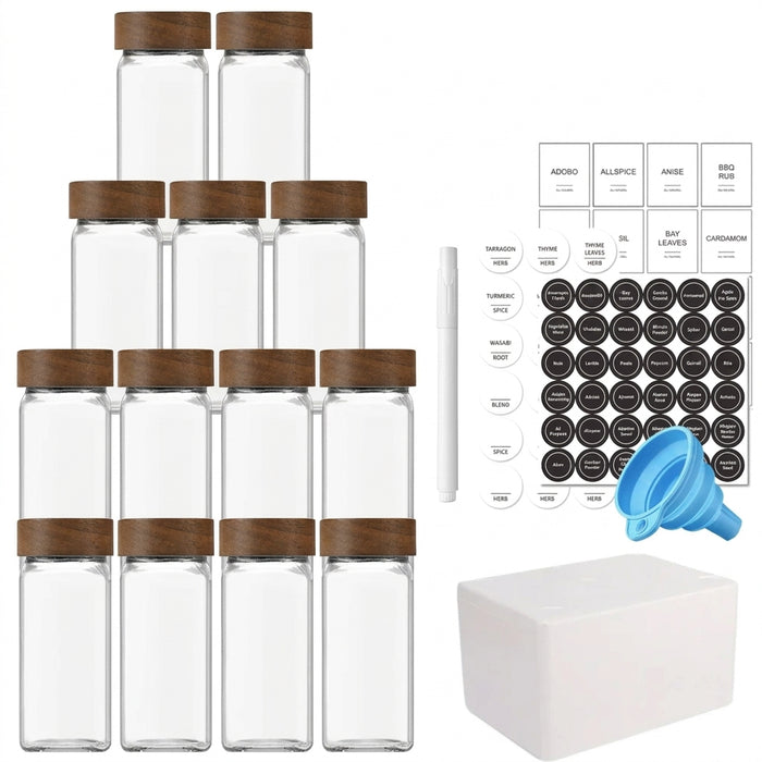 13-piece Glass Spice Jars with Bamboo Lids, 120ml Square Seasoning Jars with Shaker Lids, Labels & Funnel