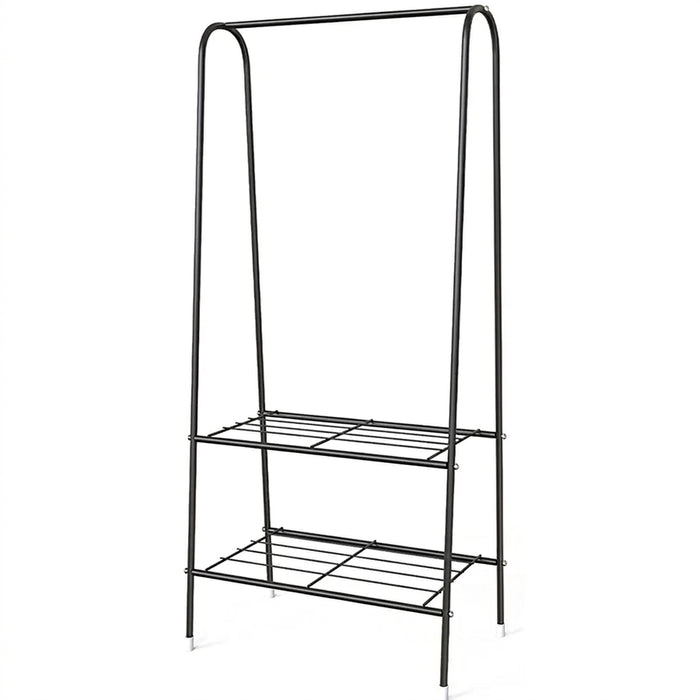 Double Rail Standing Clothes Rack with Mesh & Bottom Shelves — White or Black