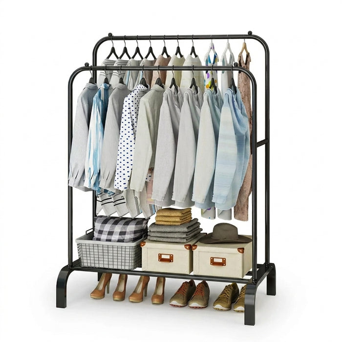 Double Rail Standing Clothes Rack with Mesh & Bottom Shelves — White or Black