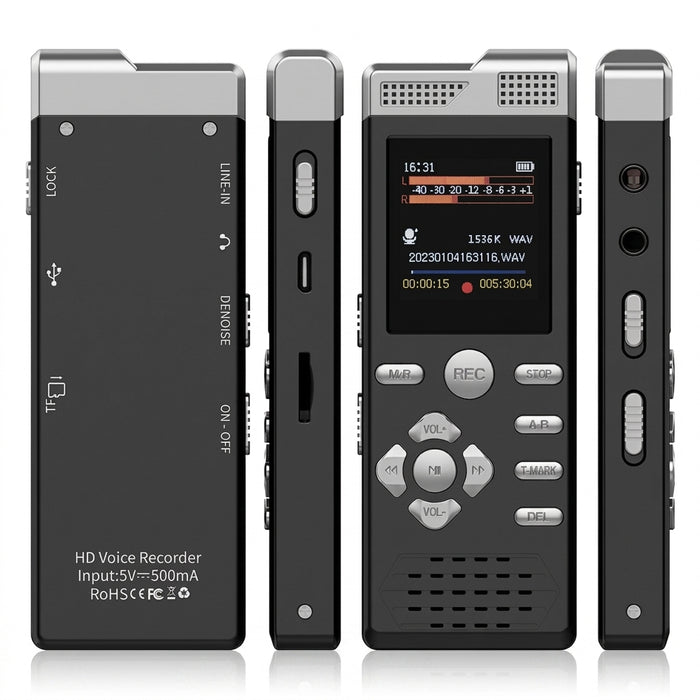 Digital Voice Recorder & MP3 Player — Dual Microphones, Voice‑Activated, Password Protection, Line‑in