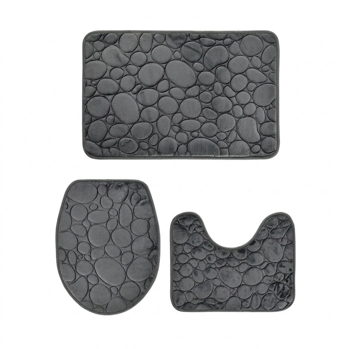 Three‑Piece Stone‑Pattern Microfibre Bathroom Mat Set — Water‑Absorbent & Non‑Slip