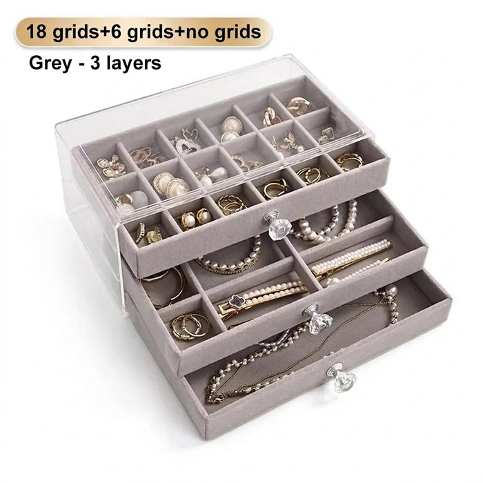 3-Layer Drawer Jewellery Box — Beige or Grey, Plastic Organiser